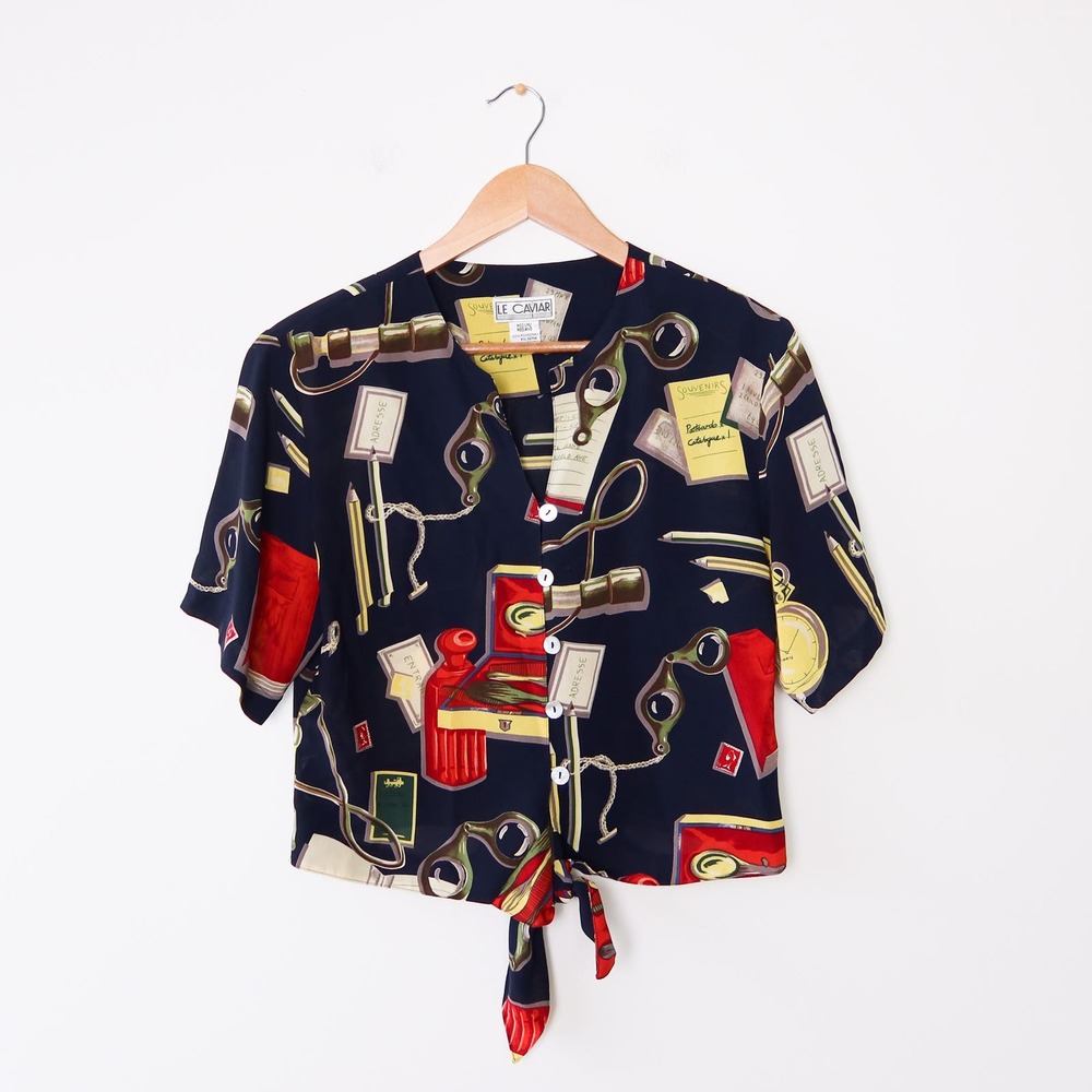 Vintage Navy Tie-Front Blouse with Red and Gold Graphic Print